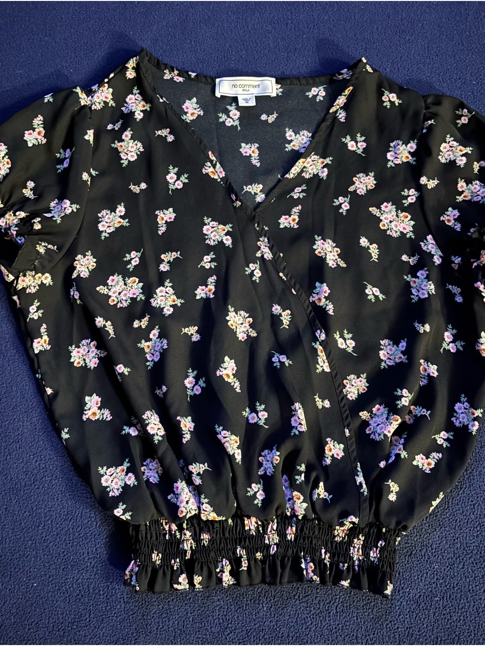 Floral Black V-Neck Smocked Hem Blouse